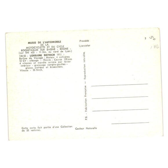 Lorraine Dietrich 1911 Car Vintage Postcard Museum Automobile Rochetaillee - Picture 2 of 2